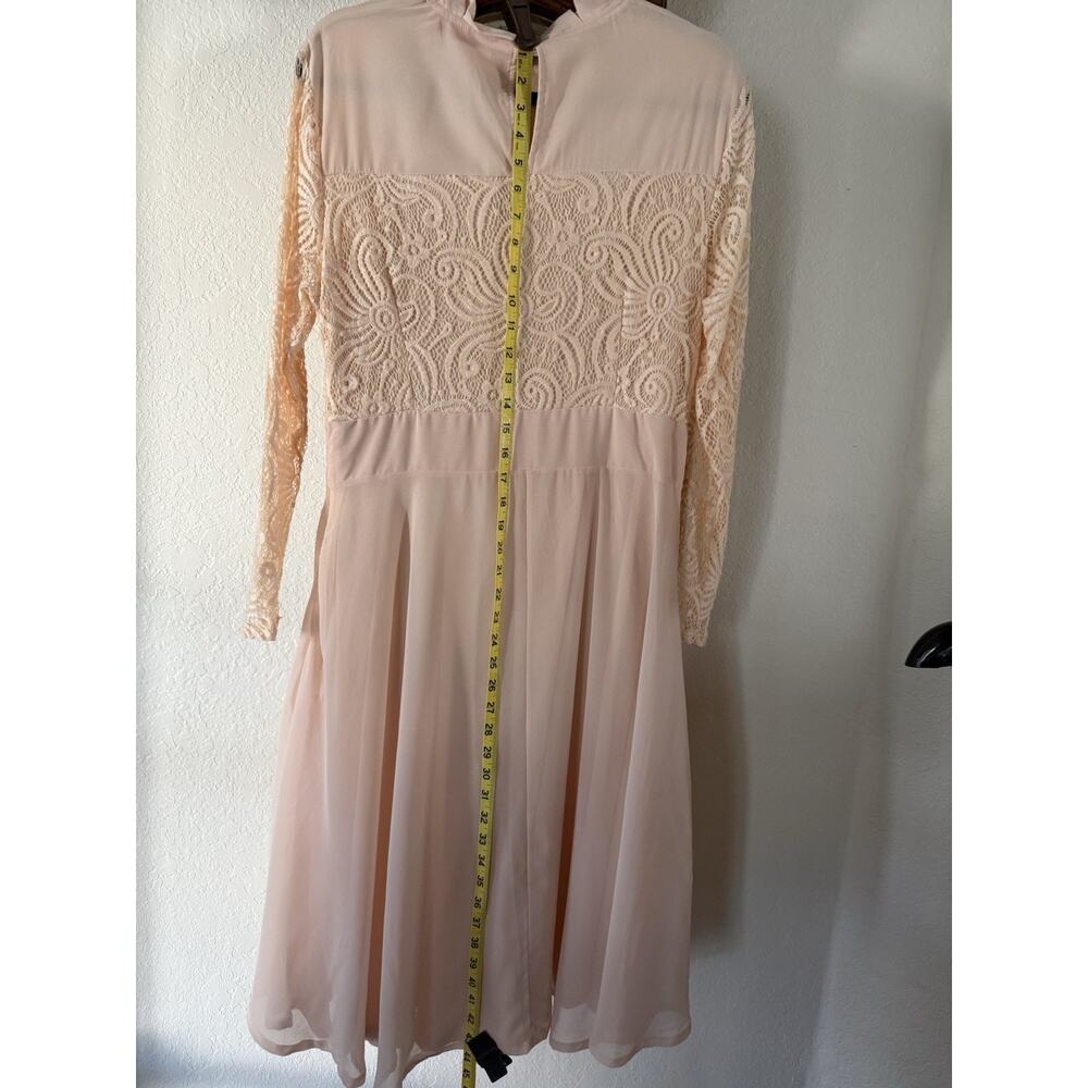 Roiiii A-Line Dress Floral Lace Chiffon High Neck Midi Long Sleeve dress.